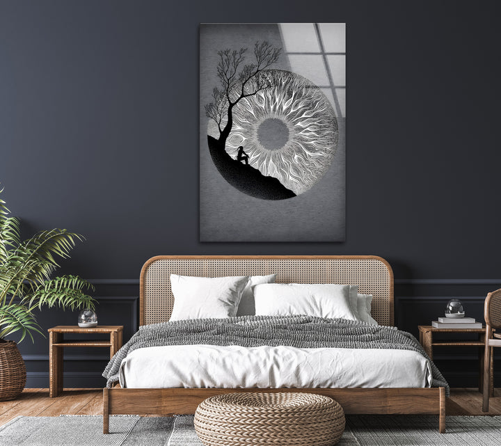 A unique black and white framed art design that merges organic elements with surreal vision.

