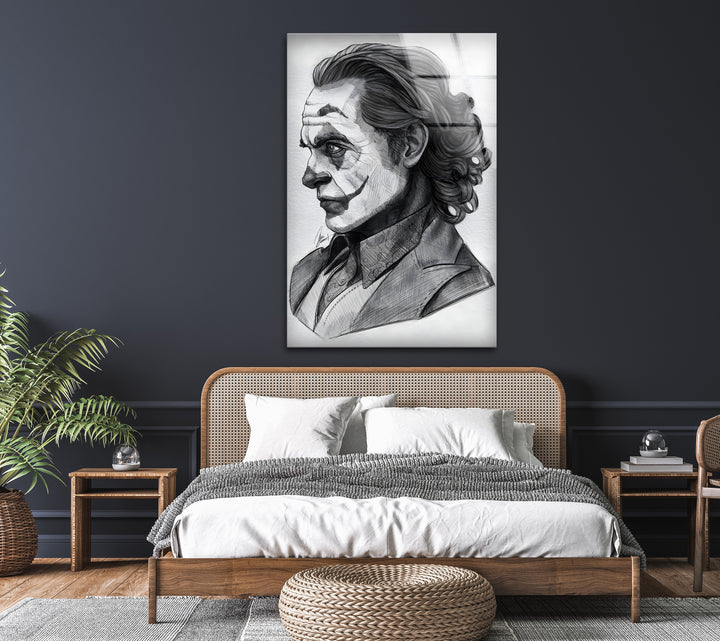 Dunkles Clown-Porträt – Schwarz-Weiß-Zeichnung, Glaswandkunst