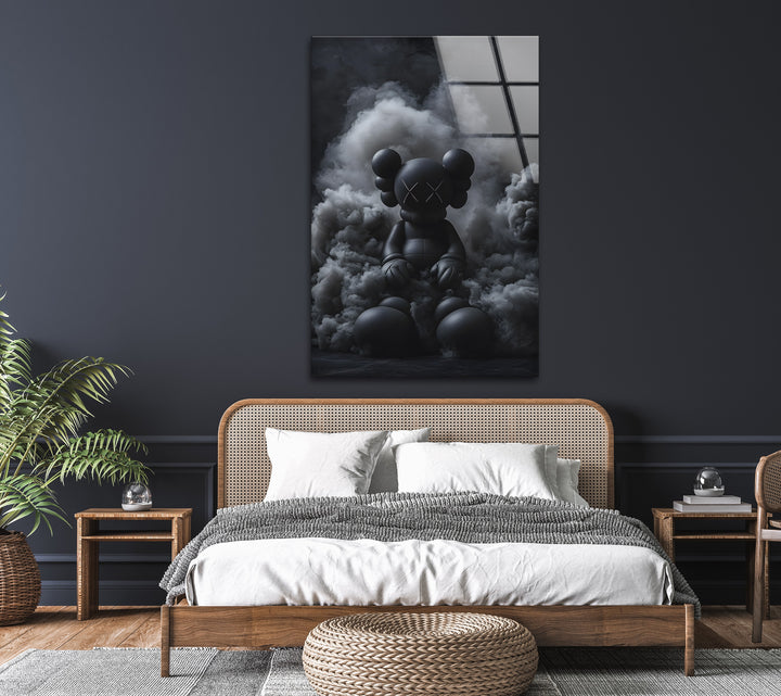 Dark and artistic KAWS-inspired composition, transformed into an elegant black and white glass wall art.
