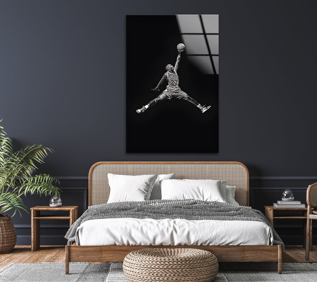 Black and white basketball glass art featuring Michael Jordan
