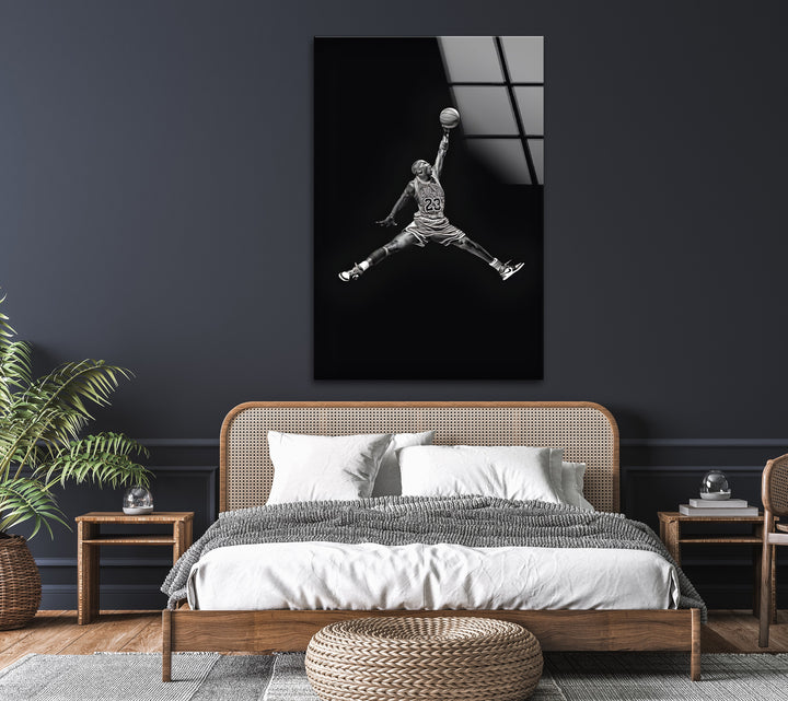 Black and white basketball glass art featuring Michael Jordan

