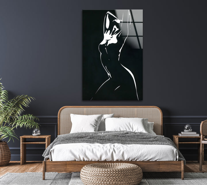 Elegant and artistic glass wall art showcasing a black and white minimalist female form.