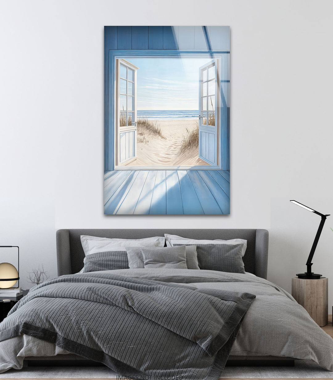 Blue Retreat – Glaswandkunst mit offenem Strandblick
