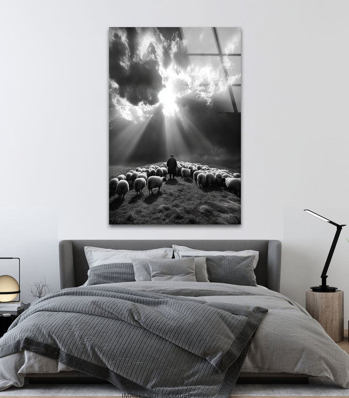 Hirte unter dem Licht – Schwarz-weiße Glaswandkunst