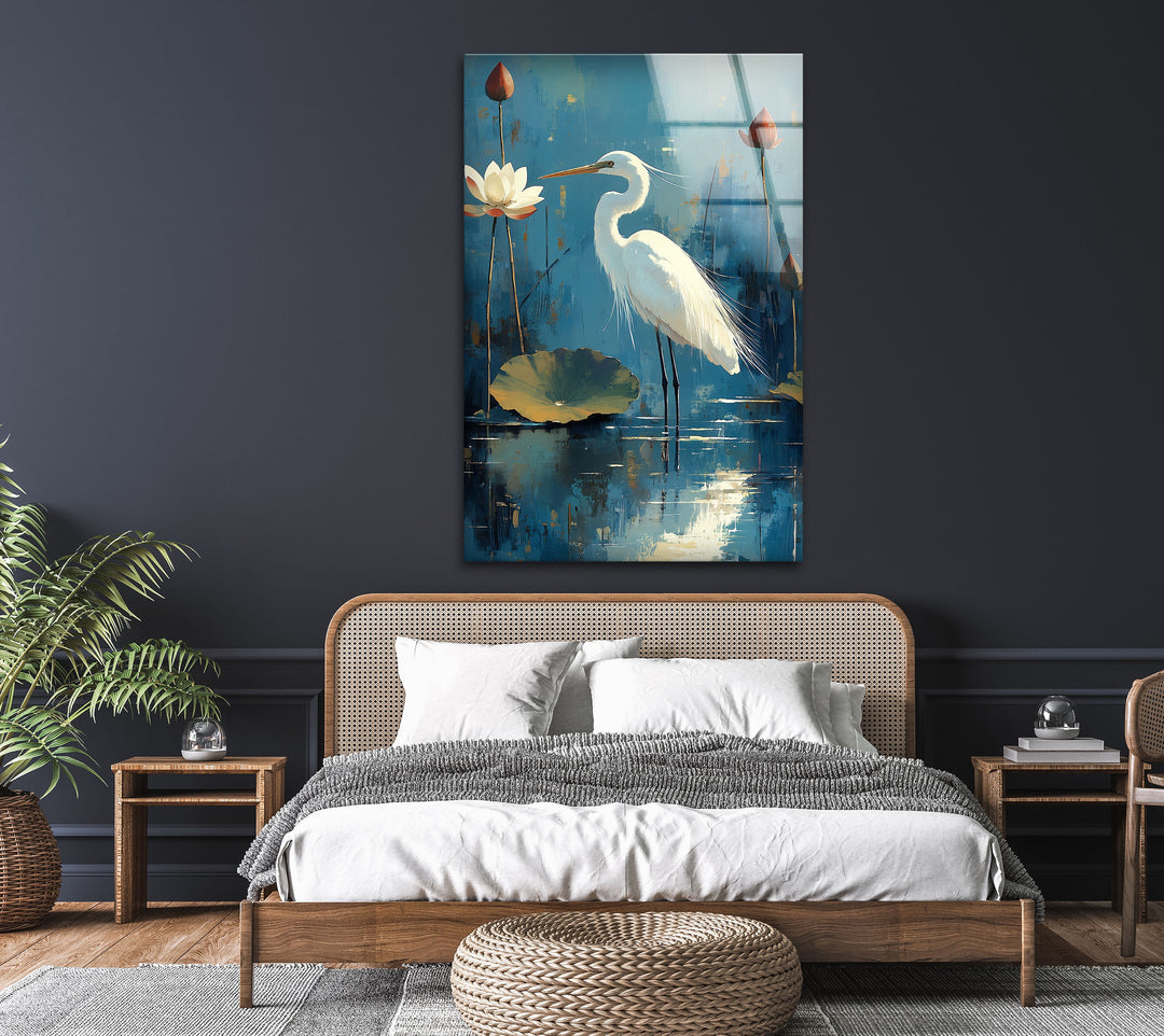 Lotus Grace – Wandbild aus Glas mit weißem Reiher und Seerose