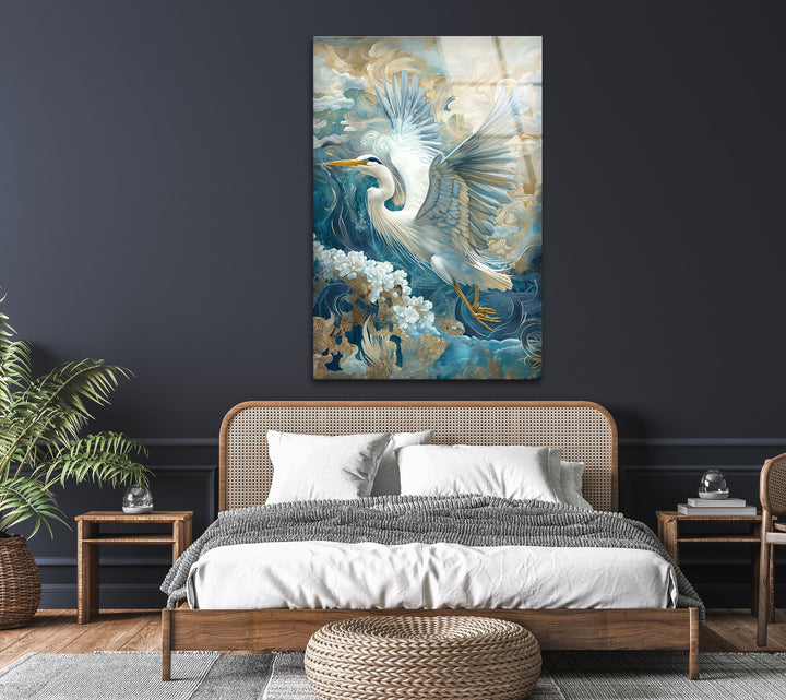 Celestial Flight – Verzierter Reiher mit Gold- und Blumenmotiven aus Glas