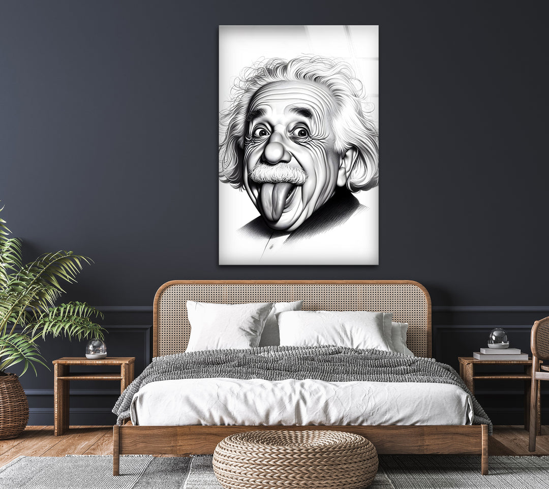 A stunning black and white wall decor piece that captures Einstein’s playful side in high-definition glass art.

