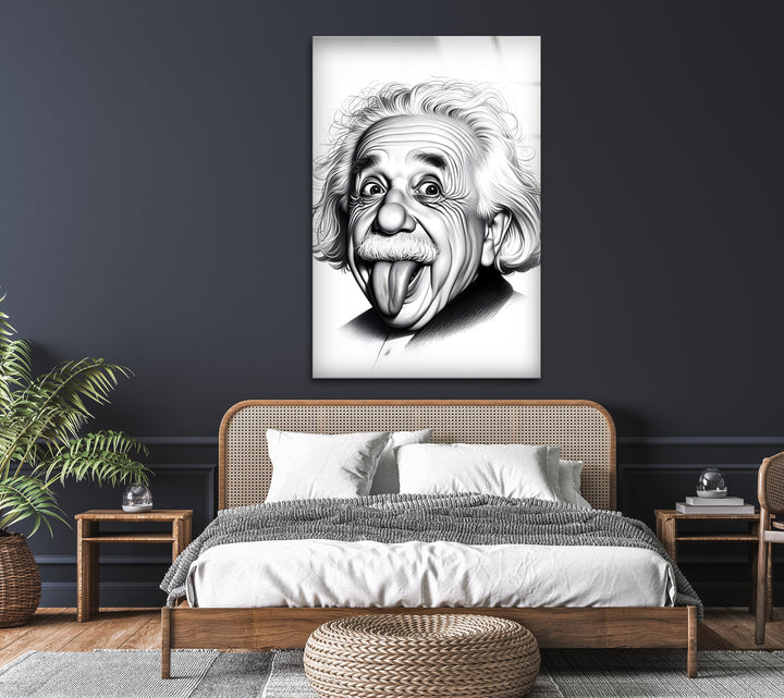 A stunning black and white wall decor piece that captures Einstein’s playful side in high-definition glass art.

