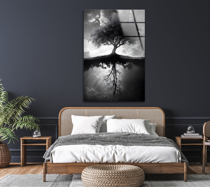A breathtaking monochrome tree artwork, symbolizing balance and harmony, on glass wall art.
