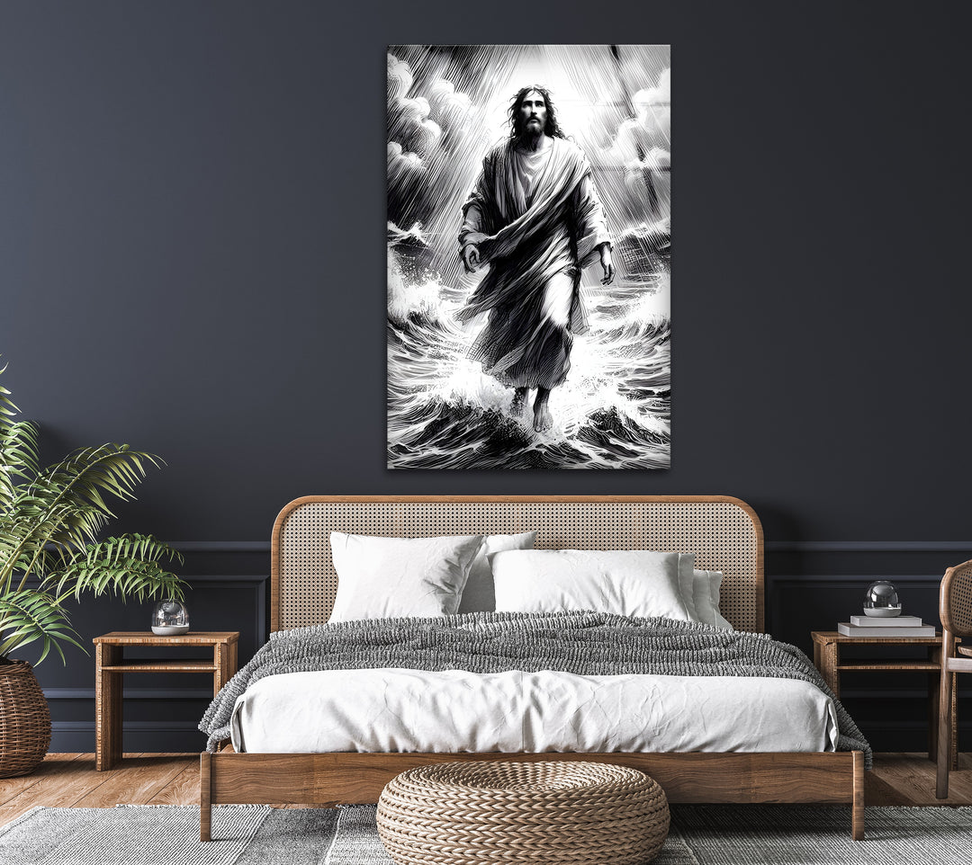 Divine Miracle - Black and White Jesus Walking on Water Glass Art
