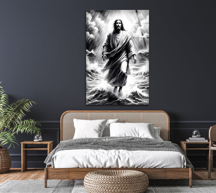 Divine Miracle - Black and White Jesus Walking on Water Glass Art
