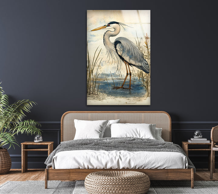 Marshland Poise – Vintage Reiher Illustration Glaswandkunst