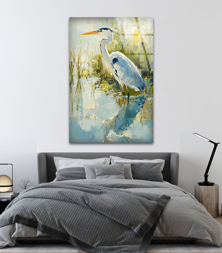 Anmutiger Reiher am Wasser – Ruhige Natur Glaswandkunst