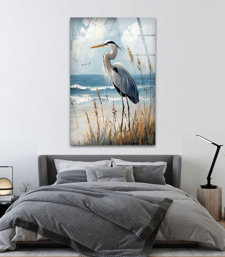 Majestic Heron by the Shoreline - Animal Glass Wall Art