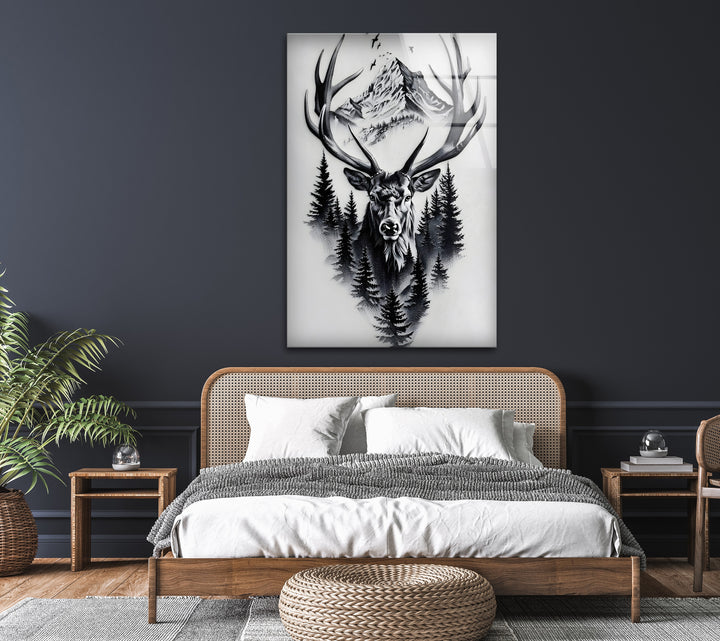 Majestätischer Hirsch &amp; Berg – Schwarz-Weiß-Wandkunst mit Wildtieren