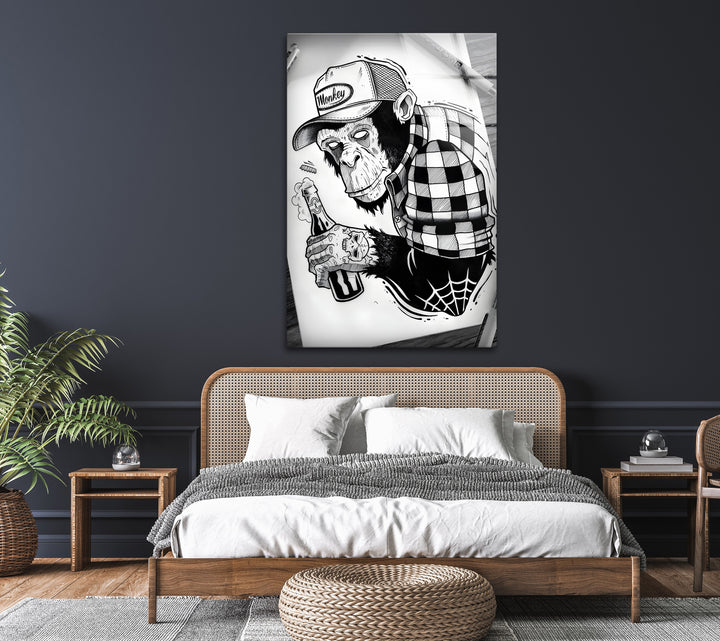 Stylish Black and White Monkey Art on Tempered Glass
