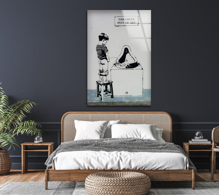 Contemporary black and white glass wall art featuring an edgy Banksy-inspired graffiti design.
