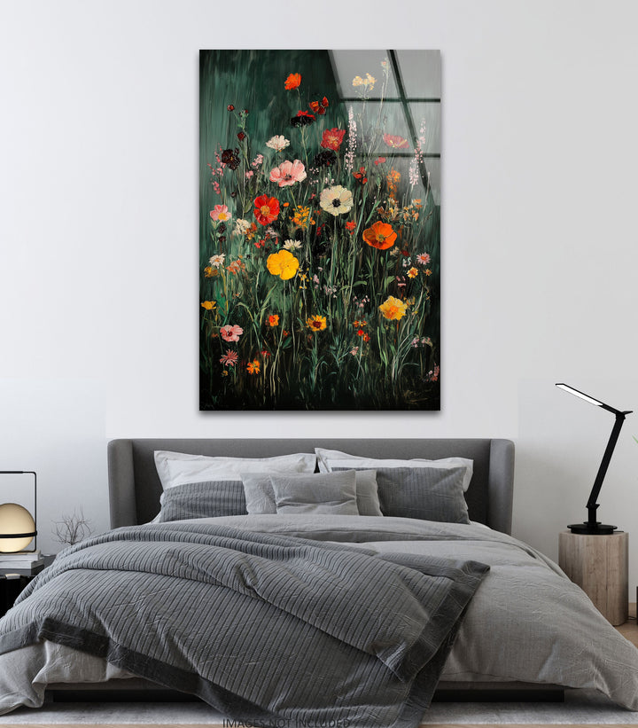 Lebendige Wildblumen in voller Blüte – Moderne florale Glaswandkunst