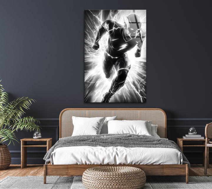 High-speed action captured in a striking black and white image of The Flash, printed on premium glass.