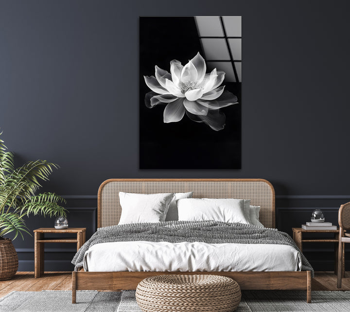 Beautiful black-and-white lotus flower on glass, creating a peaceful ambiance in any room.
