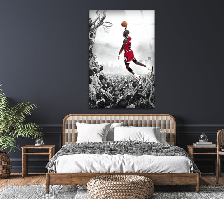 Celebrate the athleticism of Michael Jordan with this powerful glass wall art showcasing his iconic dunk.