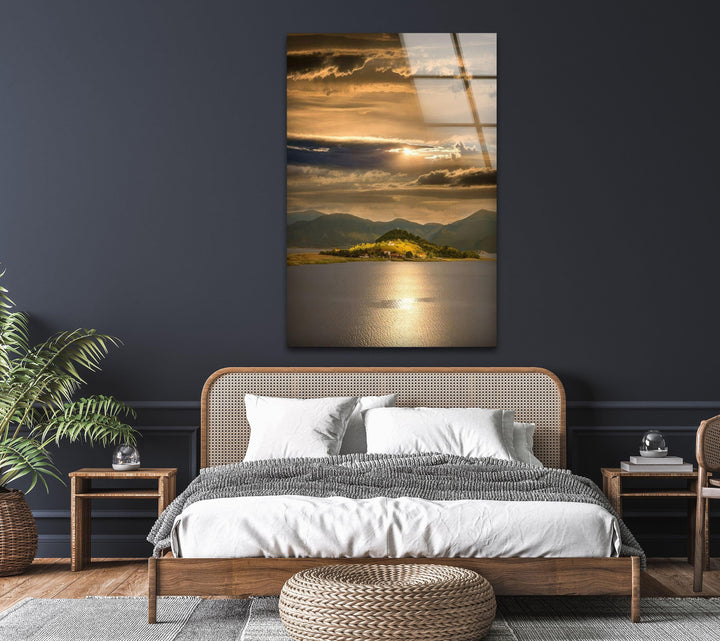 Modern glass decor featuring a dramatic sky and a golden lake reflection.
