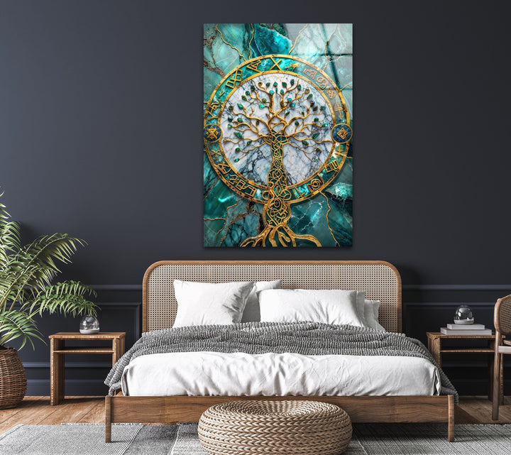 Golden & Blue Life of Tree Glass Wall Art glass photo prints, glass picture prints