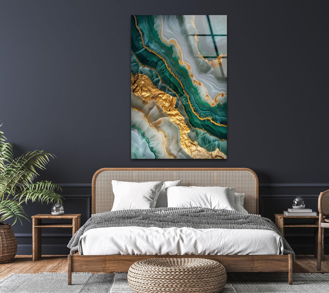 Wandkunst aus grün-goldenem Marmor und Geode-Glas