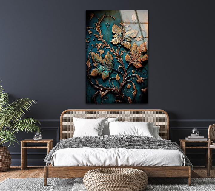 Copper Relief Leaves Glass Wall Art, glass pictures for Wall, glass prints wall art 