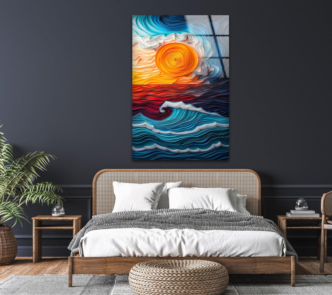 8K glass wall print of a stunning abstract sea and sun composition.
