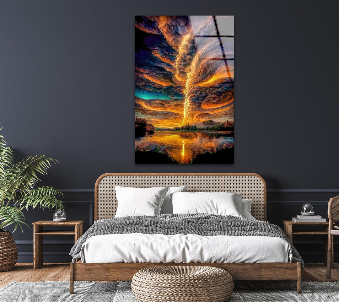 Modern glass wall art showcasing a striking storm scene with a golden sunset.
