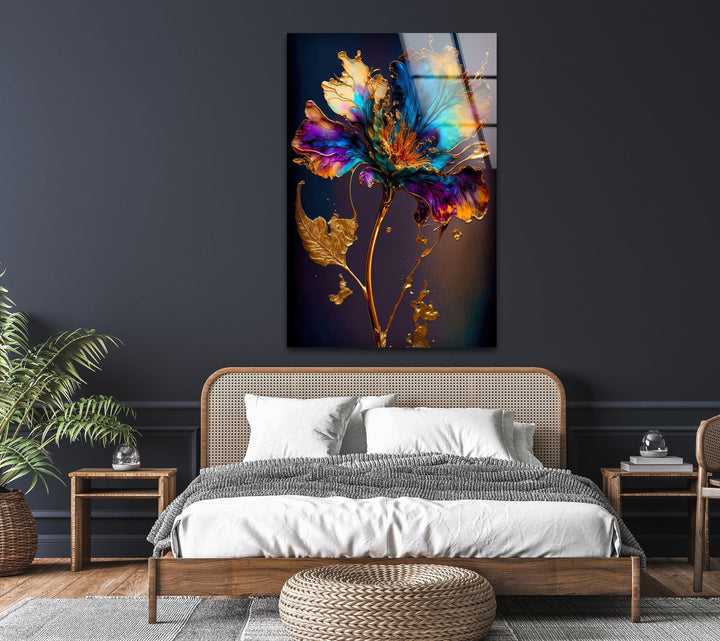 Gold Abstract Flower Glass Wall Art, glass image printing, glass prints from photos