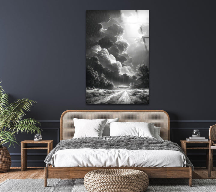 Nature-inspired monochrome wall decor with a dramatic cloudy sky.
