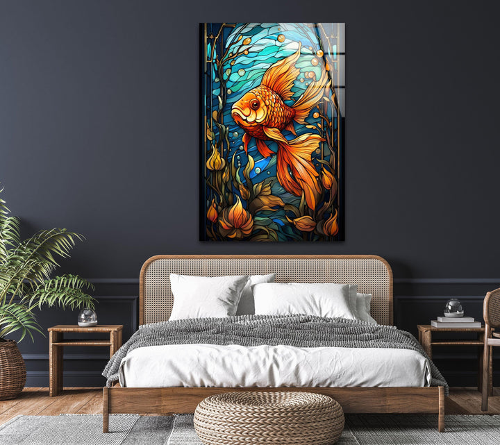 Colored Golden Fish Glass Wall Art Glass Printing Wall Art, Print photos on glass