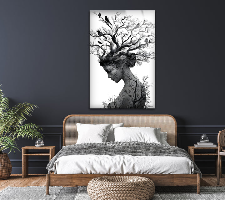 Nature’s Essence – Black & White Abstract Woman with Tree Hair Wall Art