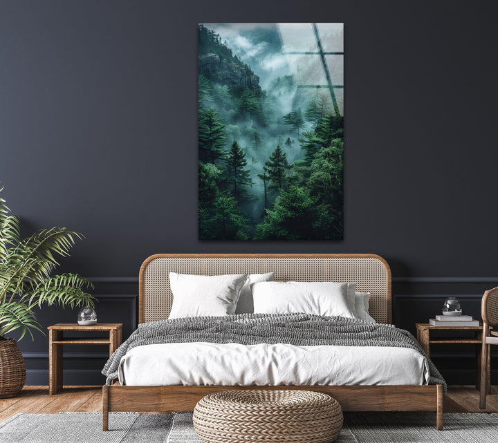 Modern glass wall art bringing the beauty of misty nature into any space.

