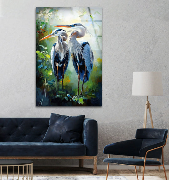 Forest Pair – Twin Herons in Verdant Harmony Glass Wall Art - MyPhotoStation