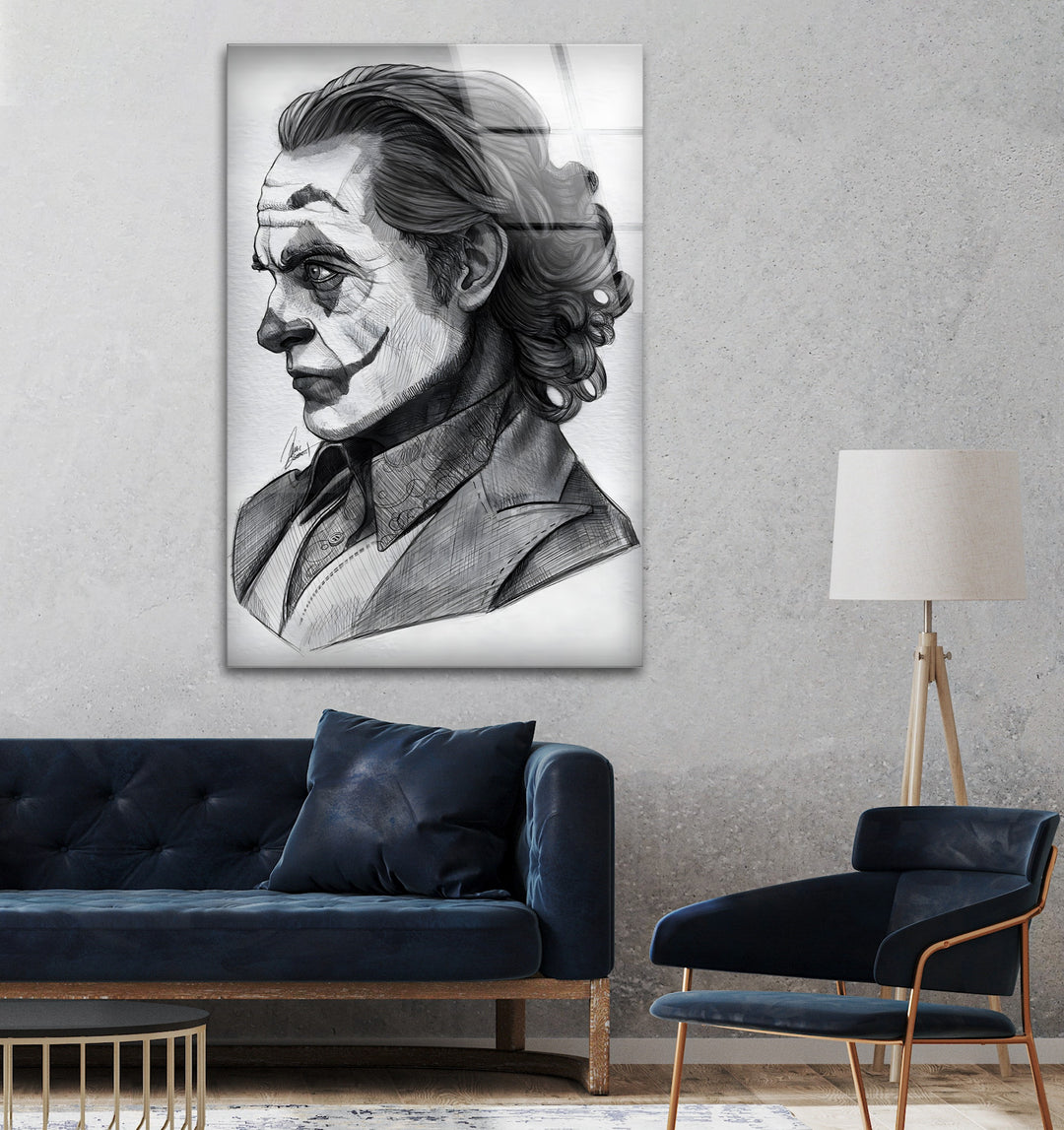 Dunkles Clown-Porträt – Schwarz-Weiß-Zeichnung, Glaswandkunst