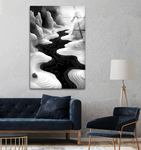 Modern abstract geometric black and white landscape glass wall art, creating a captivating backdrop for home decor.
