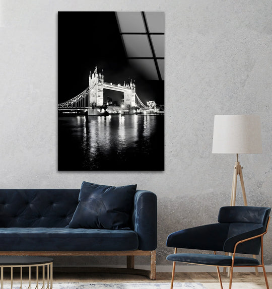 City Prints glass wall art London Lights Tower Bridge black and white and monochrome tones add timeless charm to modern interiors