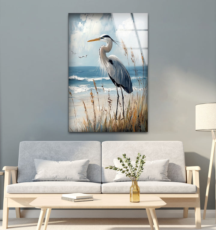 Majestic Heron by the Shoreline - Animal Glass Wall Art