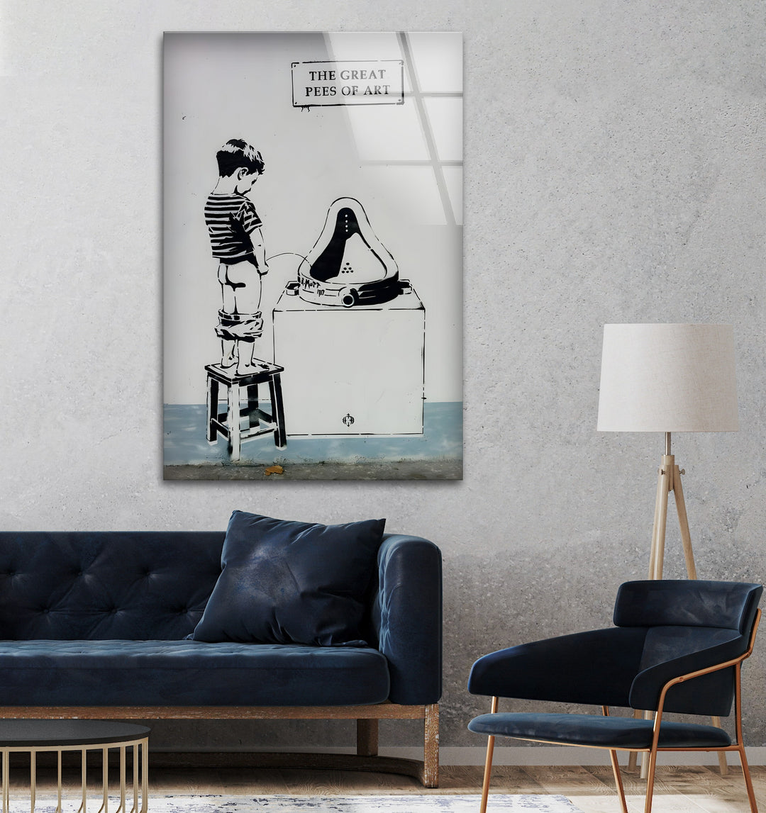 A striking black and white street art composition, blending humor and social commentary on glass wall art.
