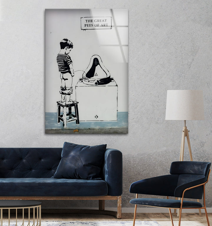 A striking black and white street art composition, blending humor and social commentary on glass wall art.
