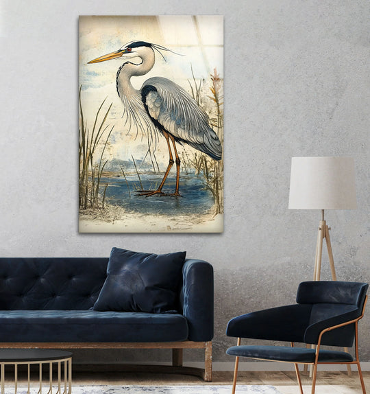Marshland Poise – Vintage Heron Illustration Glass Wall Art - MyPhotoStation