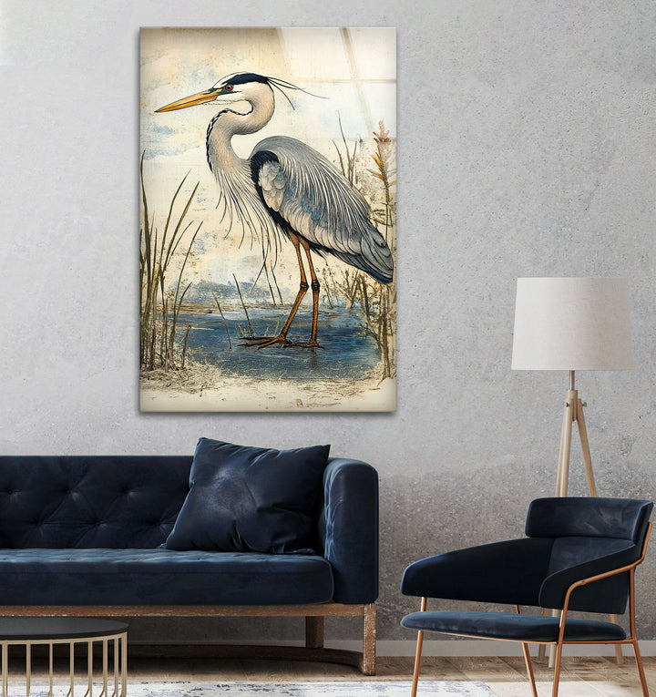 Marshland Poise – Vintage Reiher Illustration Glaswandkunst