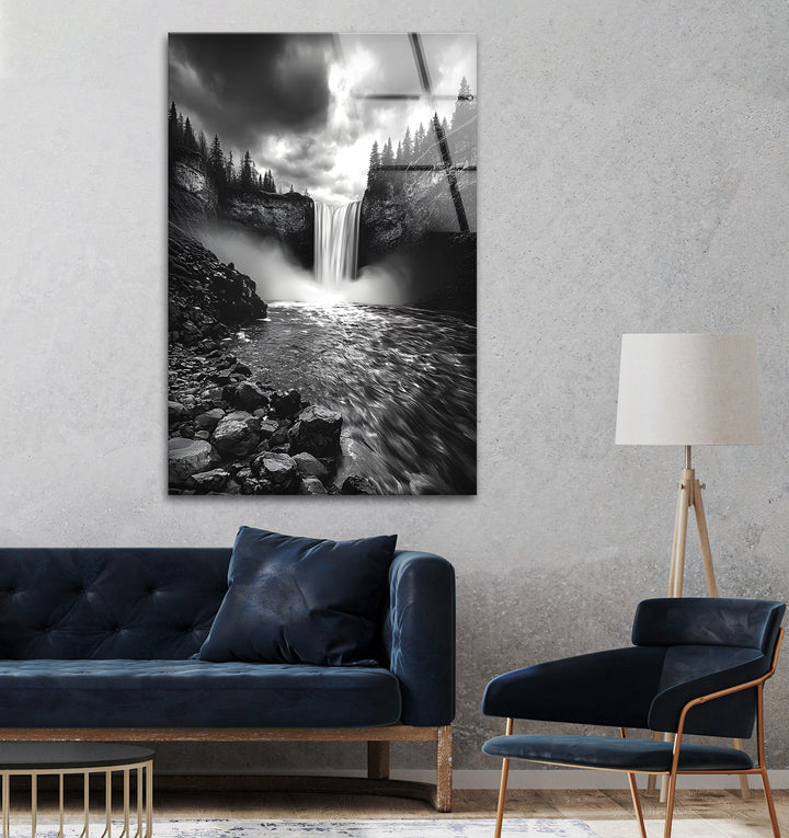 High-definition glass wall art capturing the energy and tranquility of a majestic waterfall.
