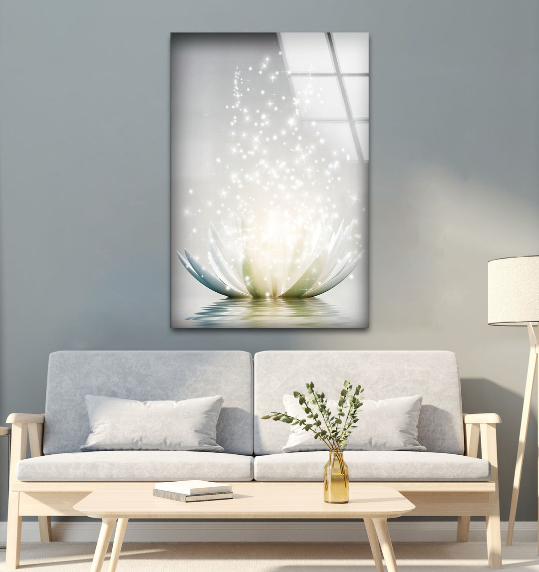Leuchtende Lotusblüte – Funkelnd weiße Glaswandkunst