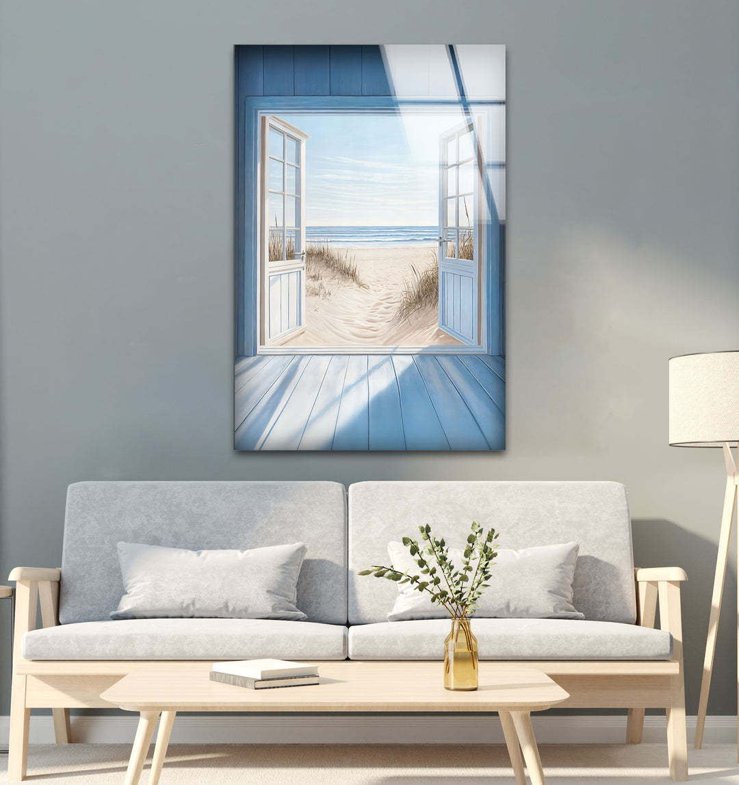Blue Retreat – Glaswandkunst mit offenem Strandblick