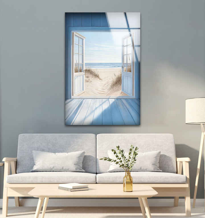 Blue Retreat – Glaswandkunst mit offenem Strandblick