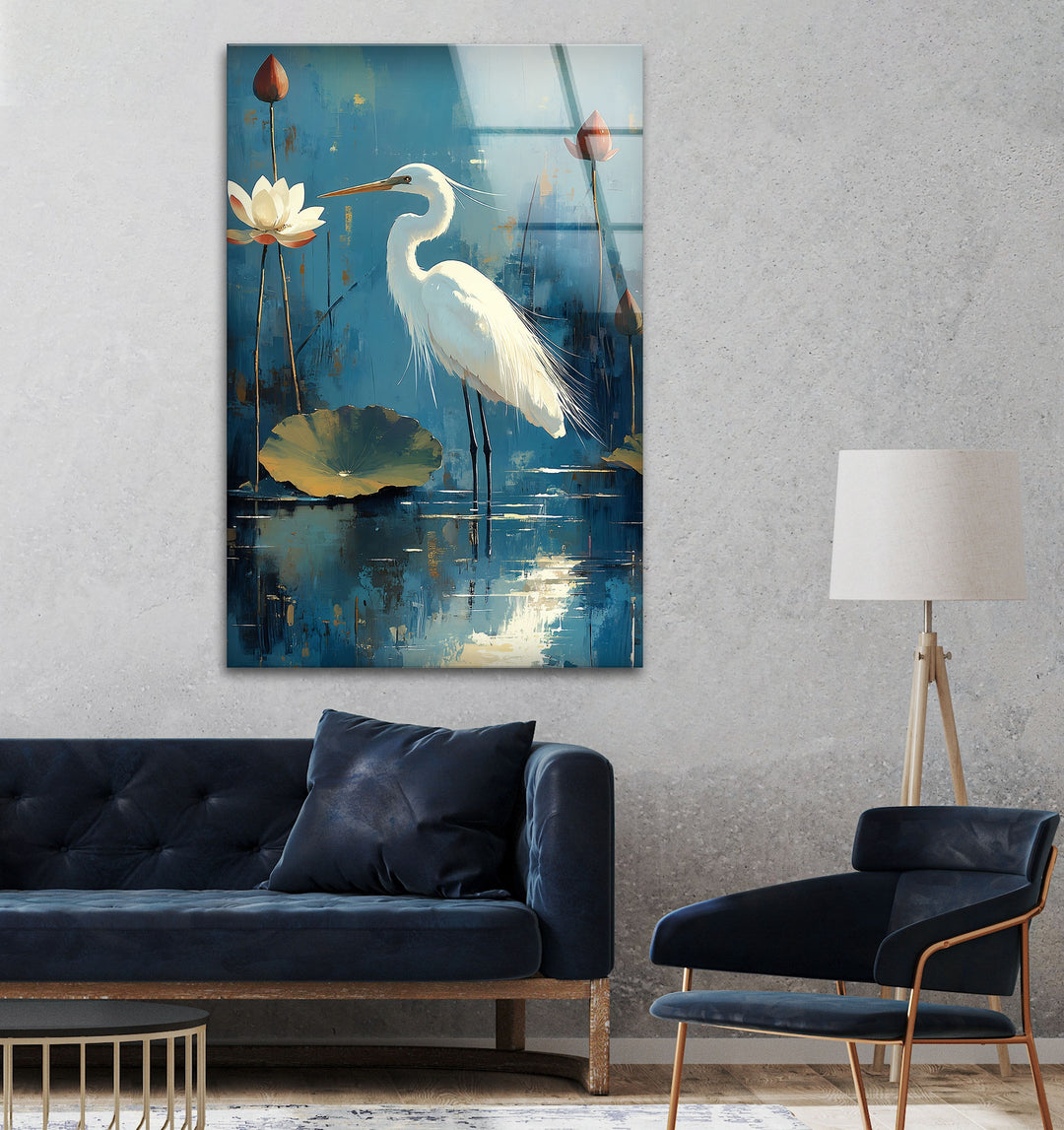 Lotus Grace – Wandbild aus Glas mit weißem Reiher und Seerose